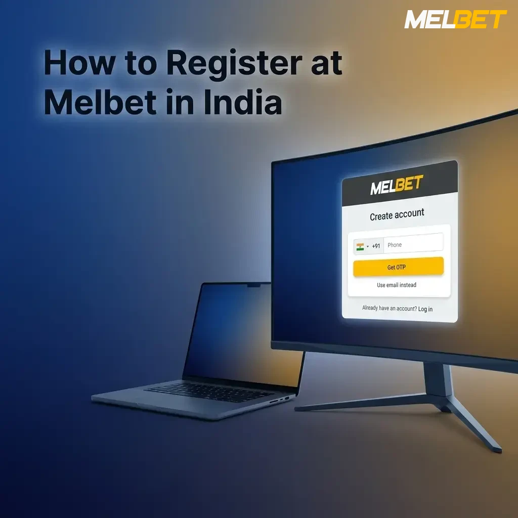 Melbet India registration steps showing sign-up options including email, phone, social media, and one-click method