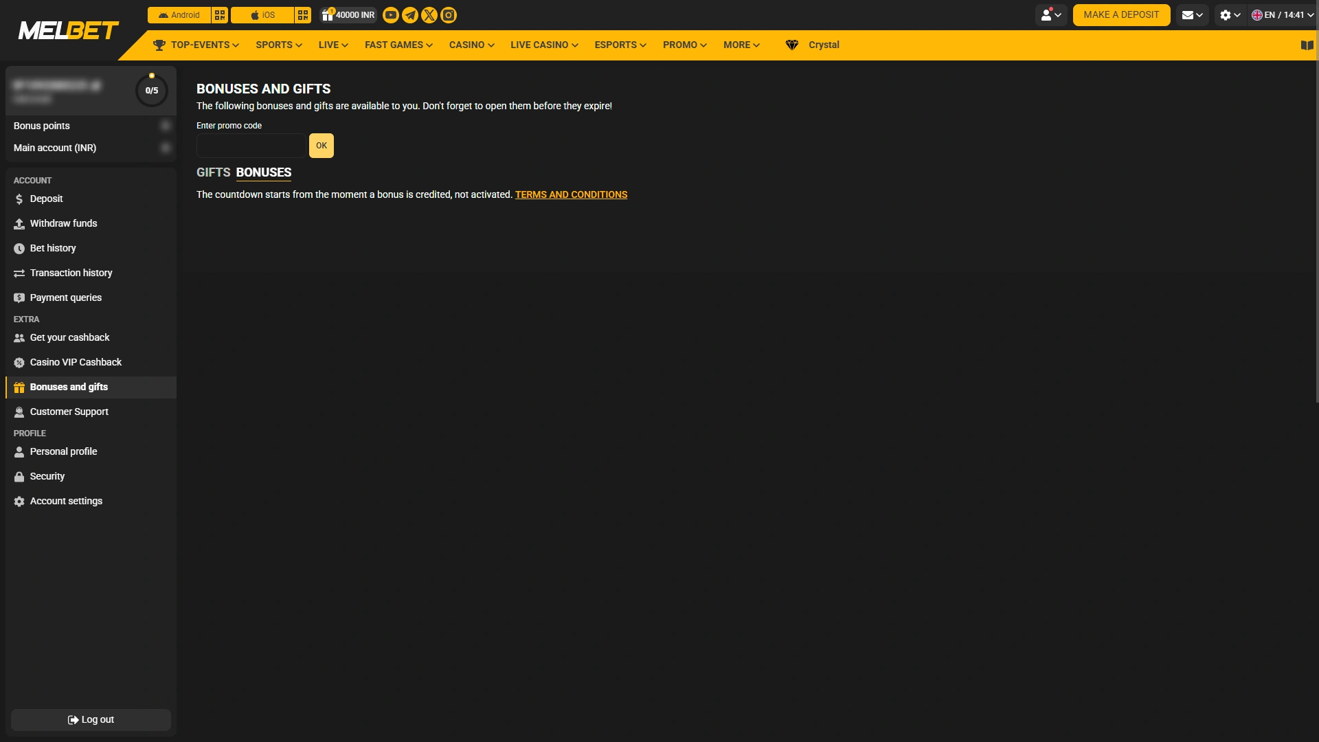Enter a valid promo code during the bonus activation process on Melbet.